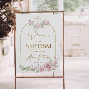 Pink floral baptism welcome sign template, editable christening welcome, girl christening sign, printable religious welcome sign, P200