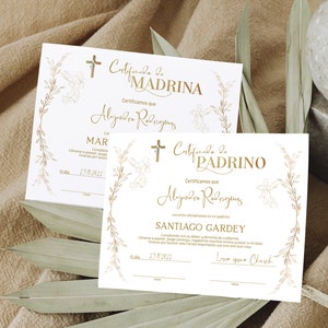 Plantilla de certificado de padrinos españoles, madrina certificados para padrinos imprimible, certificado de bautizo, regalo de bautismo de bebé editable B6