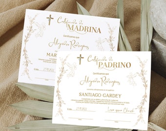 Spanish godparents certificate template, madrina certificados para padrinos printable, certificado de bautizo, editable baby baptism gift B6