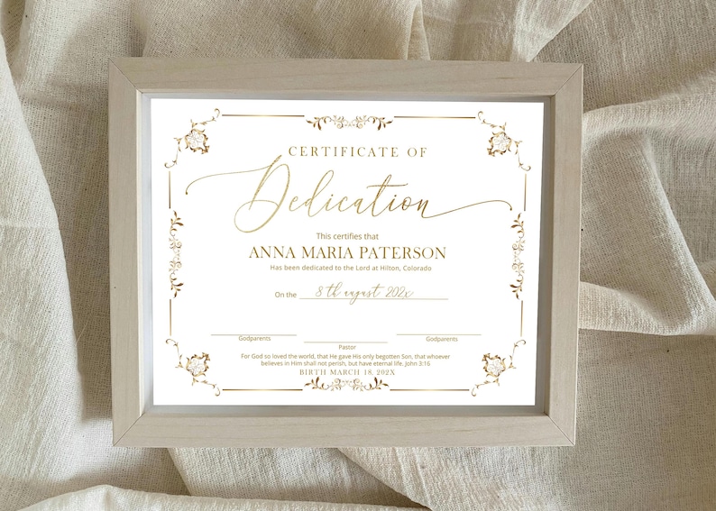 Minimalist Gold Baby Dedication Certificate, Editable Dedication ...