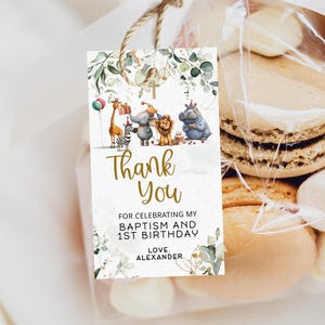 Safari animals birthday thank you tag, editable jungle thank you tag template, cute safari animal birthday favor tag, wild one favors, P311