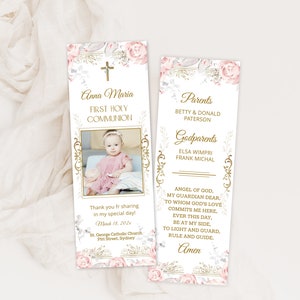 First holy communion bookmark with photo, editable christening bookmark, pink first communion bookmark template, baptism favor keepsake P223