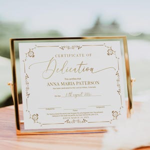 Gold dedication certificate template, editable dedication certificate, child dedication certificate, printable christening certificate, P278
