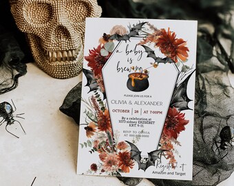 A Baby is Brewing Shower Invitation, Witch Floral Halloween Party Invite, Coffin Theme, Editable Template, P149