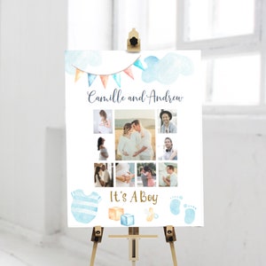 It's a boy baby shower photo collage, editable baby shower poster, pregnancy photo collage, printable parents photo collage template BS01