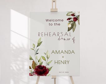 Burgundy and Sage Green Rehearsal Dinner Welcome Sign Template, Marsala Olive Floral Wedding Board, Editable P369