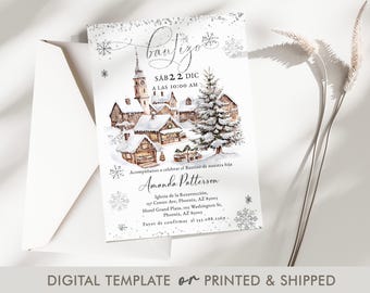Editable Spanish Baptism Invitation, Invitación de Bautizo, Christmas Village Christening Template, Printable Winter Wonderland, P268