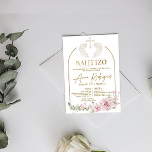 Girl baptism invite in spanish, invitacion de Bautizo, pink floral, editable religious invite, printable christening invite template, P200