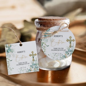 Greenery baptism favor tags template, round thank you stickers, cross gold religious favor tags eucalyptus, green gold christening tags B021