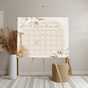Boho giraffe guess baby&#39;s due date calendar, guess the baby birthday game template, baby due date calendar sign, baby shower calendar P82
