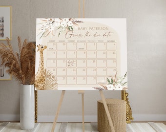 Boho giraffe guess baby's due date calendar, guess the baby birthday game template, baby due date calendar sign, baby shower calendar P82