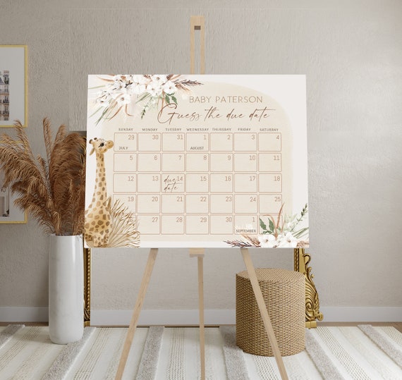 Boho giraffe guess baby's due date calendar, guess the baby birthday game template, baby due date calendar sign, baby shower calendar P82