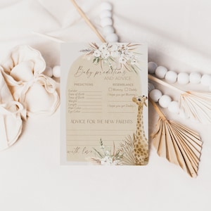 Boho giraffe baby predictions card template, baby shower games, neutral advice & wishes for parents to be, baby predictions and advice P82