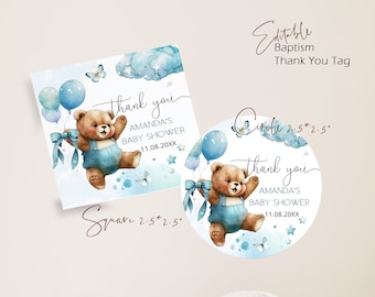 Thank you tag, Blue bear favor tags template, editable birthday thank you tag, thank you stickers, bear baby shower party favor tag, P129