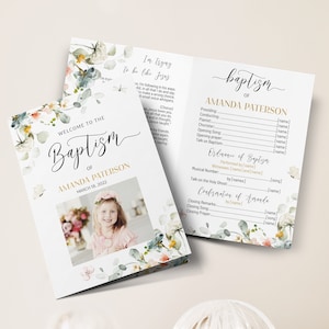 May include: A baptism program with floral designs and a photo of a young girl. The program includes the name Amanda Paterson and the date March 18, 2022. The program lists the order of service for the baptism ceremony.