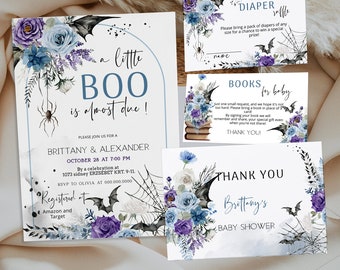 Little boo baby shower invitation bundle, printable boy baby shower invite set template blue a little boo is due invite halloween set P148