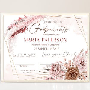 Pink boho baptism certificate of godparents, editable baptism certificate template, girl pampas grass baptism, boho church certificate P64