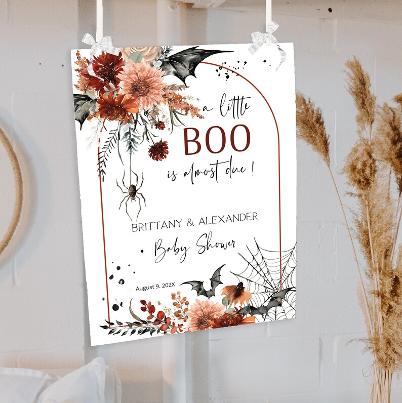 Halloween baby shower welcome sign template, gender neutral halloween welcome, little boo baby shower sign, spooky fall welcome sign P149 image 2