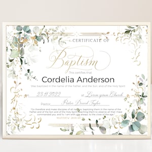 Greenery baptism certificate template, custom certificate of baptism, editable certificate, printable baptism certificate, green gold P133
