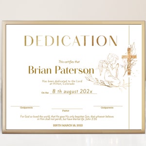 Dedication certificate template, printable christening certificate, golden angel, child dedication certificate, editable certificate, P227