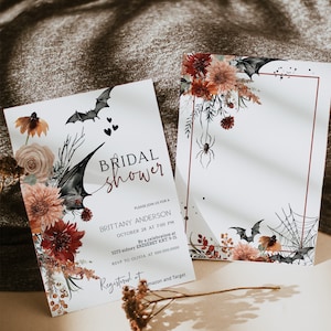 Terracotta bridal shower halloween invitation, autumn fall bridal shower invite template, bat halloween shower party invites october P149