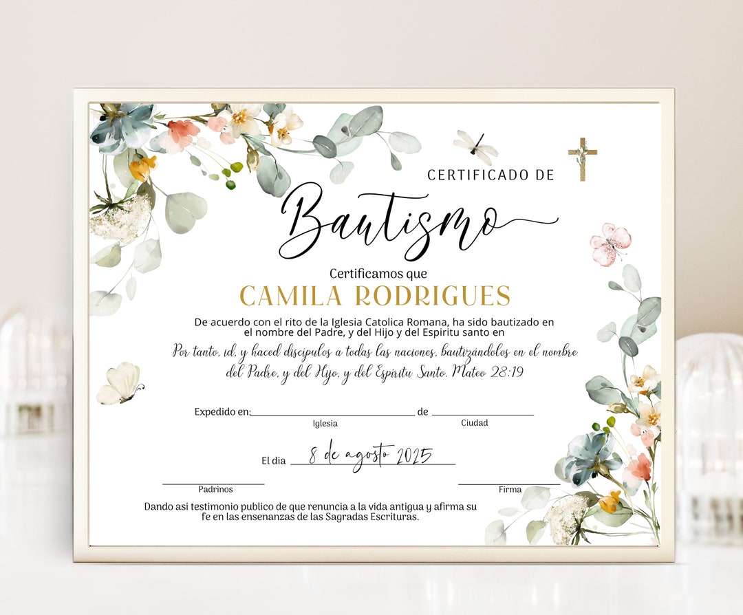 Floral spanish baptism certificate template certificado de bautismo