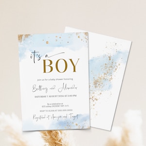 May include: A baby shower invitation for a boy, featuring a blue watercolour background with gold glitter accents. The invitation includes the date, time and location of the shower, as well as the names of the parents-to-be, Brittany and Alexander. It also includes the RSVP information and where the couple is registered.