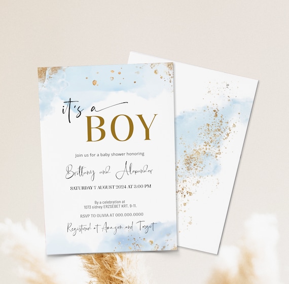 Blue gold baby shower invitation, baby boy invitation template, oh boy blue watercolour baby boy invite, editable its a boy invitation B2b