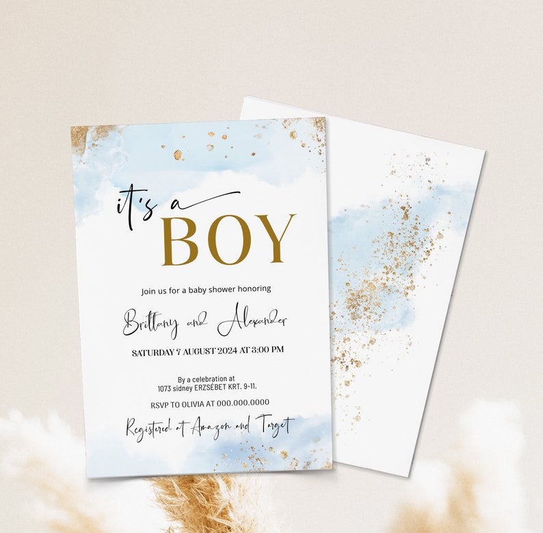 May include: A baby shower invitation for a boy, featuring a blue watercolour background with gold glitter accents. The invitation includes the date, time and location of the shower, as well as the names of the parents-to-be, Brittany and Alexander. It also includes the RSVP information and where the couple is registered.