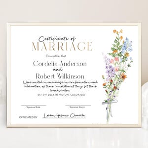 Wildflower marriage certificate template, editable wedding certificate, printable marriage certificate keepsake, floral wedding, P332