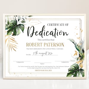 Greenery dedication certificate template, green gold child dedication certificate, printable baptism certificate, tropical certificate P207
