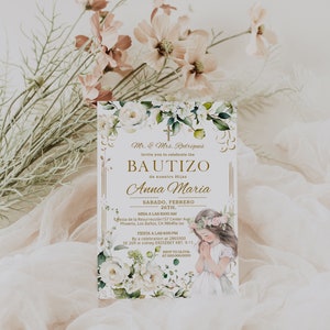 Baptism invitation in spanish,  girl bautizo invite, invitaciones bautizo digitales, flowers bautizo invite, editable religious invite, P222