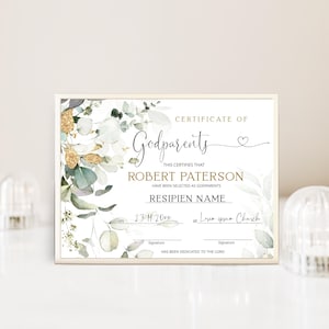 Puede incluir: Certificado enmarcado con las palabras "Certificado de Padrinos" en escritura elegante. El certificado incluye espacio para nombres y fechas, con detalles florales y dorados. El texto "Robert Paterson" es visible.