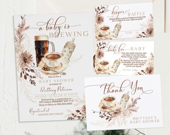 May include: Baby shower invitation set with a coffee cup, baby bottle, and floral accents. The invitation reads "a baby is brewing" and includes details for the event, including the date, time, and location. Also included are raffle and thank you cards.