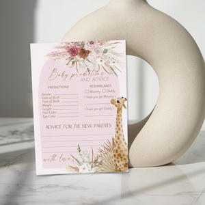 Pink boho giraffe baby predictions card template, baby shower games, advice & wishes for parents to be, baby predictions and advice P82