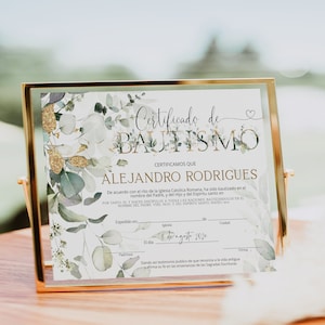 Certificado de bautismo template, greenery spanish baptism certificate, printable custom certificate of baptism, editable baby baptism, P52