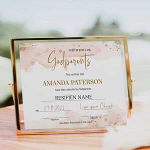 Girl godparents baptism certificate, editable pink baptism certificate template, godparents certificate, girl christening certificate B2p