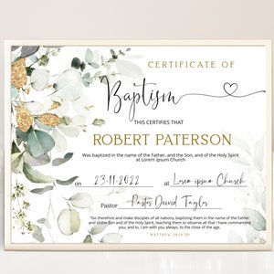 Greenery baptism certificate template, printable custom certificate of baptism, editable christening certificate, baby baptism gift, P52