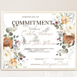 Boho floral certificate of commitment template, editable marriage certificate, commitment certificate, printable wedding keepsake, P62