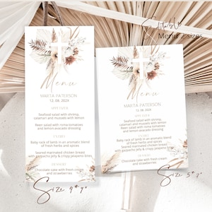 Boho menu template, menu card, christening menu card, printable menu card, boho dinner menu card, editable pampas grass baptism menu P66
