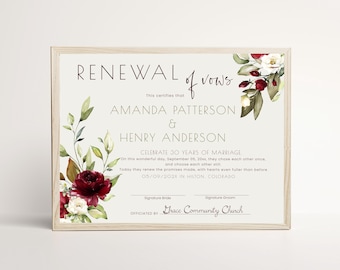 Burgundy Renewal of Vows Certificate Template, 30th Anniversary Marriage Vow Renewal Printable, Elegant Floral Keepsake, P369