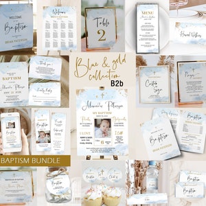 Baptism invitation boy bundle, christening invitation bundle, first holy communion decor, blue gold baptism, boys blue christening B2b