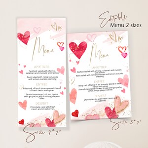 Valentine's day menu template, editable valentine's dinner menu template, valentine's dinner party menu, valentines dinner party menu,  P5
