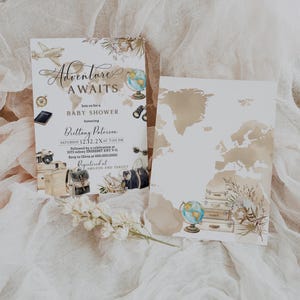 Travel baby shower invitation template, adventure awaits baby shower invite, world map, editable baby shower invite, gender neutral, P291