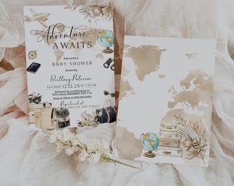 Adventure Awaits Travel Baby Shower Invitation, World Map Shower Invite, Editable Template, Gender Neutral, P291