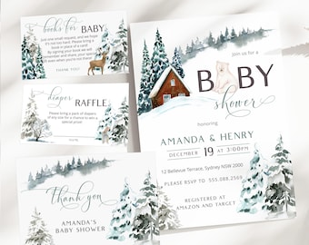Winter Woodland Baby Shower Invitation Set, Editable Snowy Forest Invite, Cozy Mountain Cabin Bear Theme Template, P72