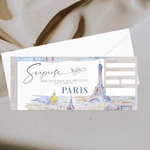 Paris surprise trip gift ticket template, printable boarding pass paris, editable trip ticket, surprise vacation ticket, boarding pass