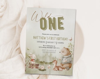 Woodland wild one birthday invitation, forest 1st birthday invitation template, woodland forest animals birthday party invitation P84