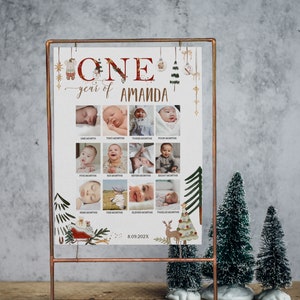 Winter 1st birthday photo collage sign template, baby's first year photo poster, 1st birthday pictures, winter one year pictures board, P173