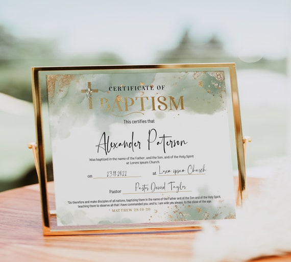 Sage Green Baptism Certificate Template Custom Certificate of Etsy